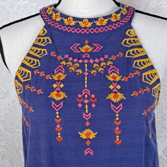 THML Size Medium Blue Cotton Halter Neck Shift Dress Embroidery Detail Boho - Picture 2 of 13